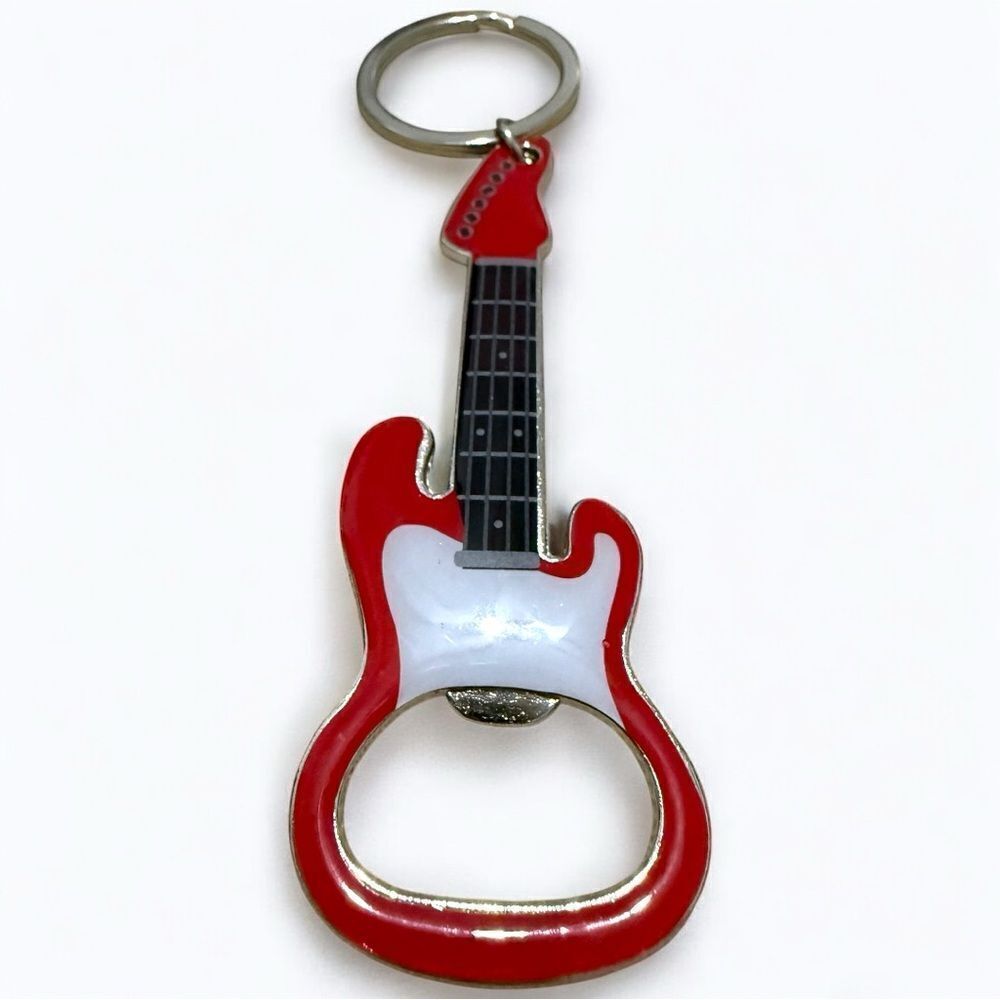 Guitar Bottle Opener Keychain Red & White – Rockin’ Accessory for Music Lovers